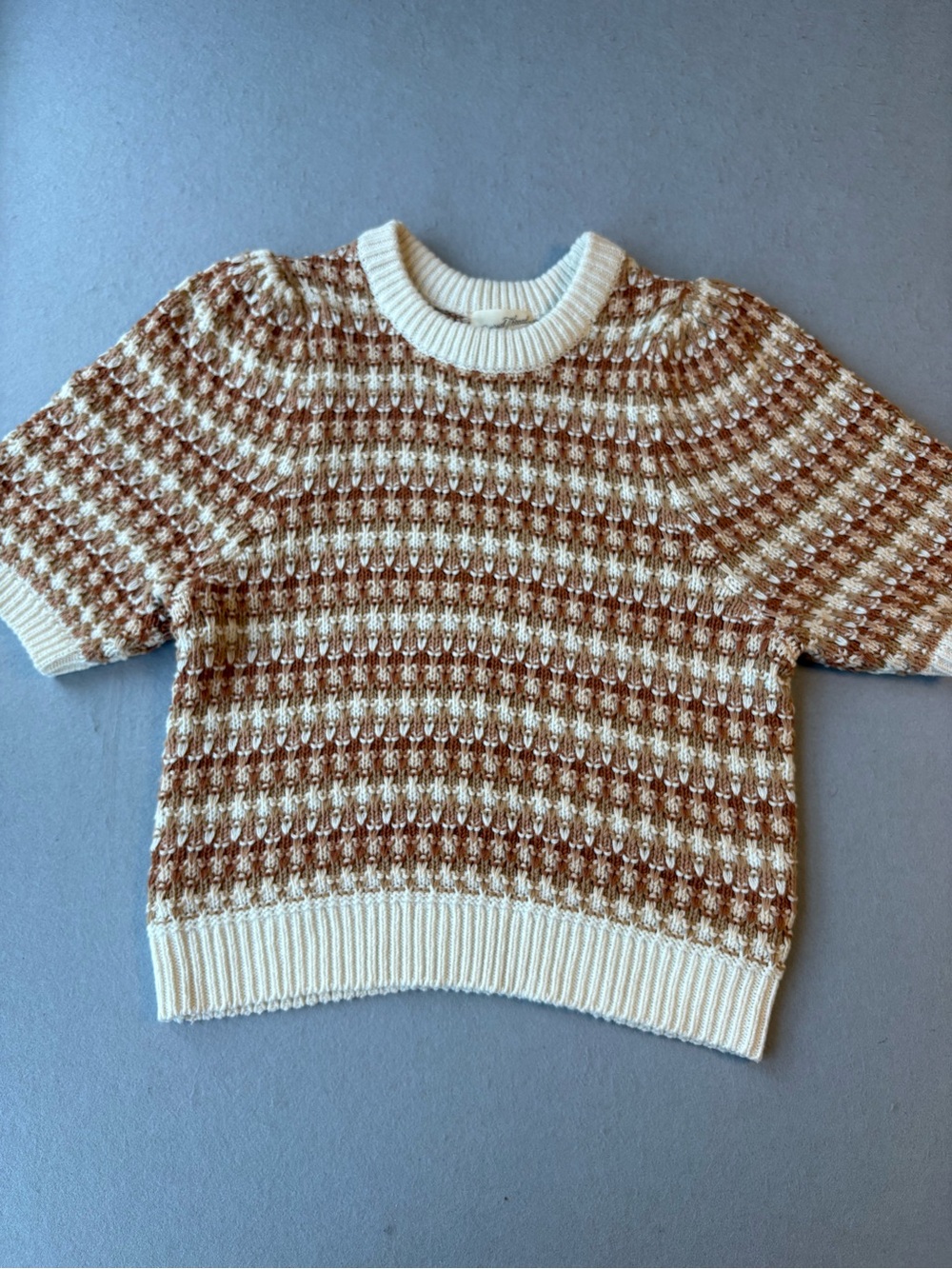Universal Thread Cream and Tan Puff Elbow-Sleeve Crewneck Sweater - Picture 2 of 6